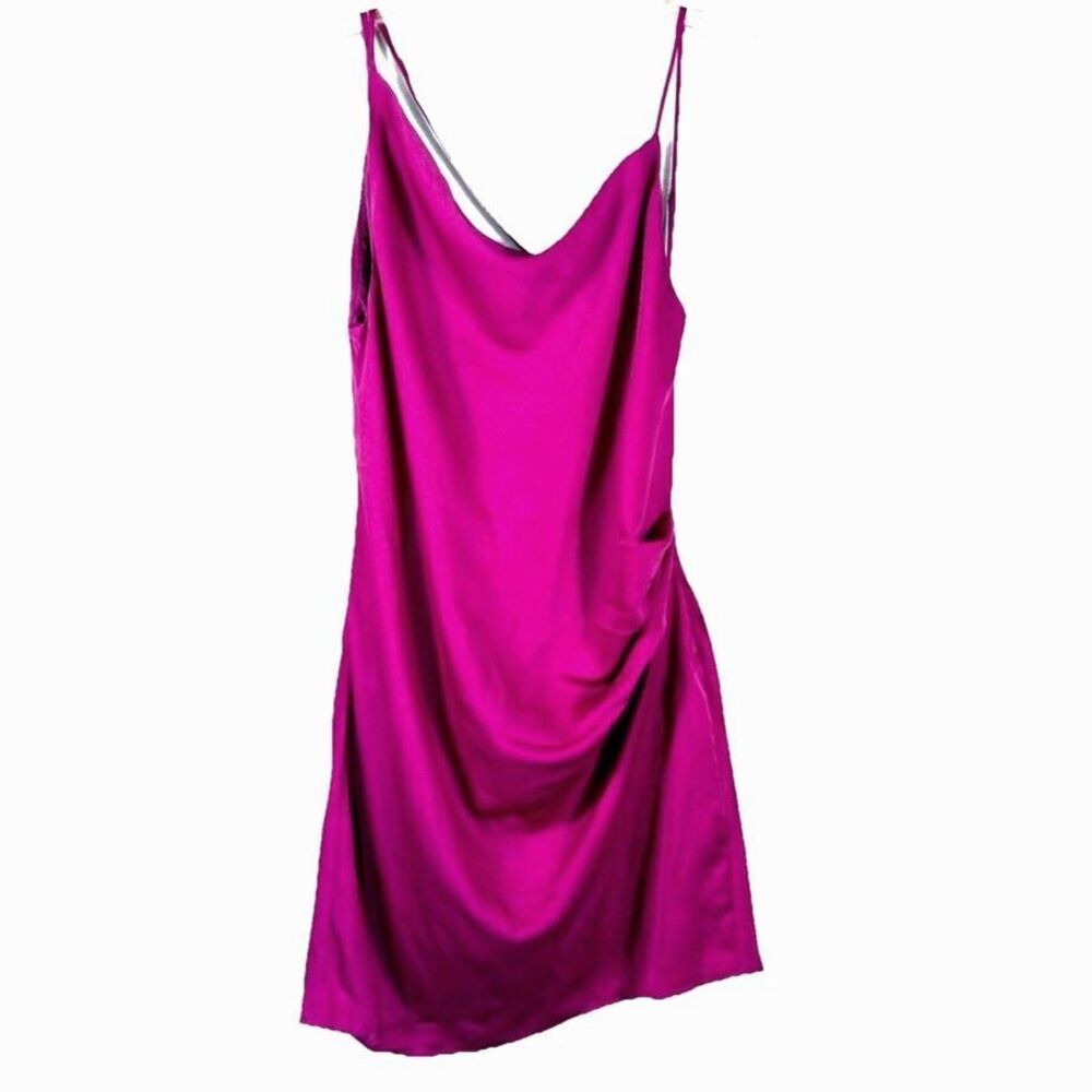 Lulus Pixie Perfect Magenta Satin Mini Dress Cowl Back Ruched Slip